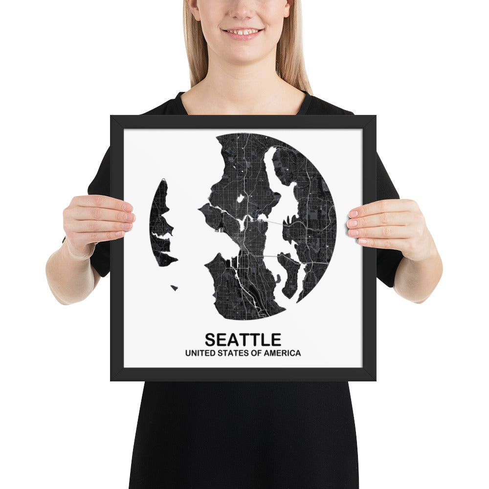 Seattle Circular Black Framed Map