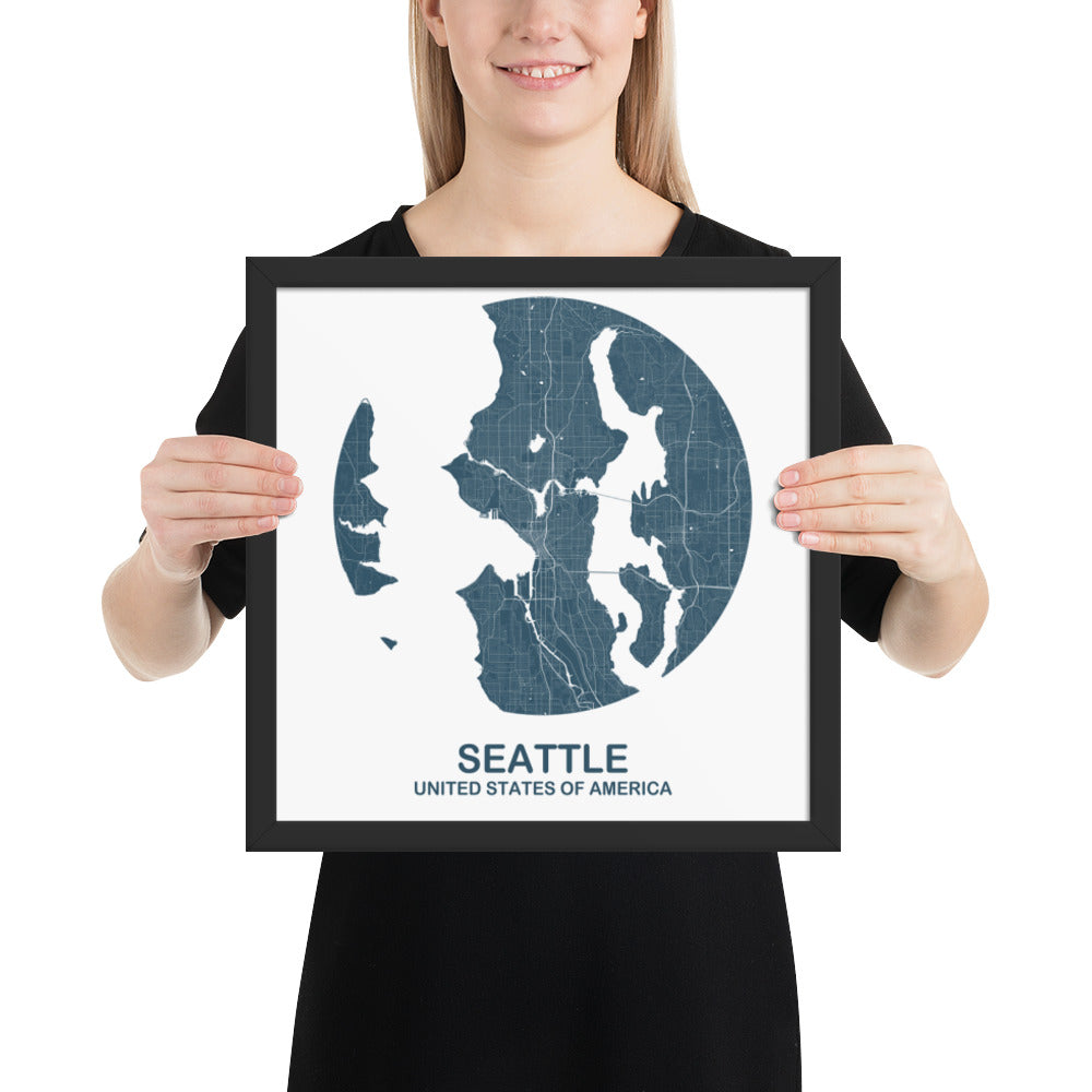 Seattle Circular Blue Framed Map