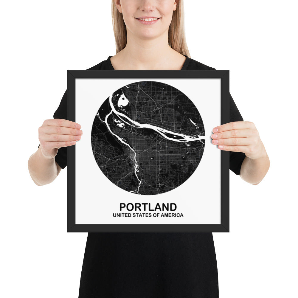 Portland Circular Black Framed Map