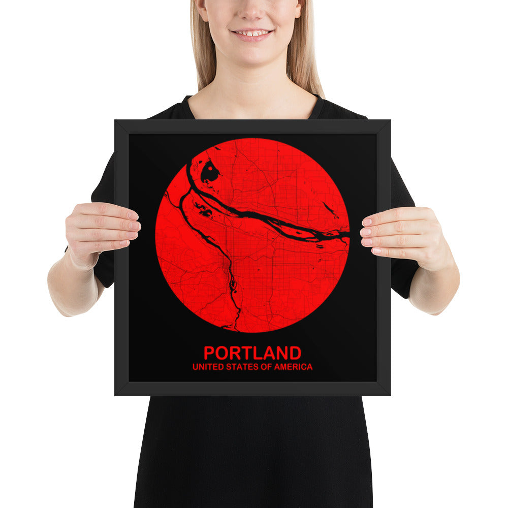 Portland Circular Red Framed Map