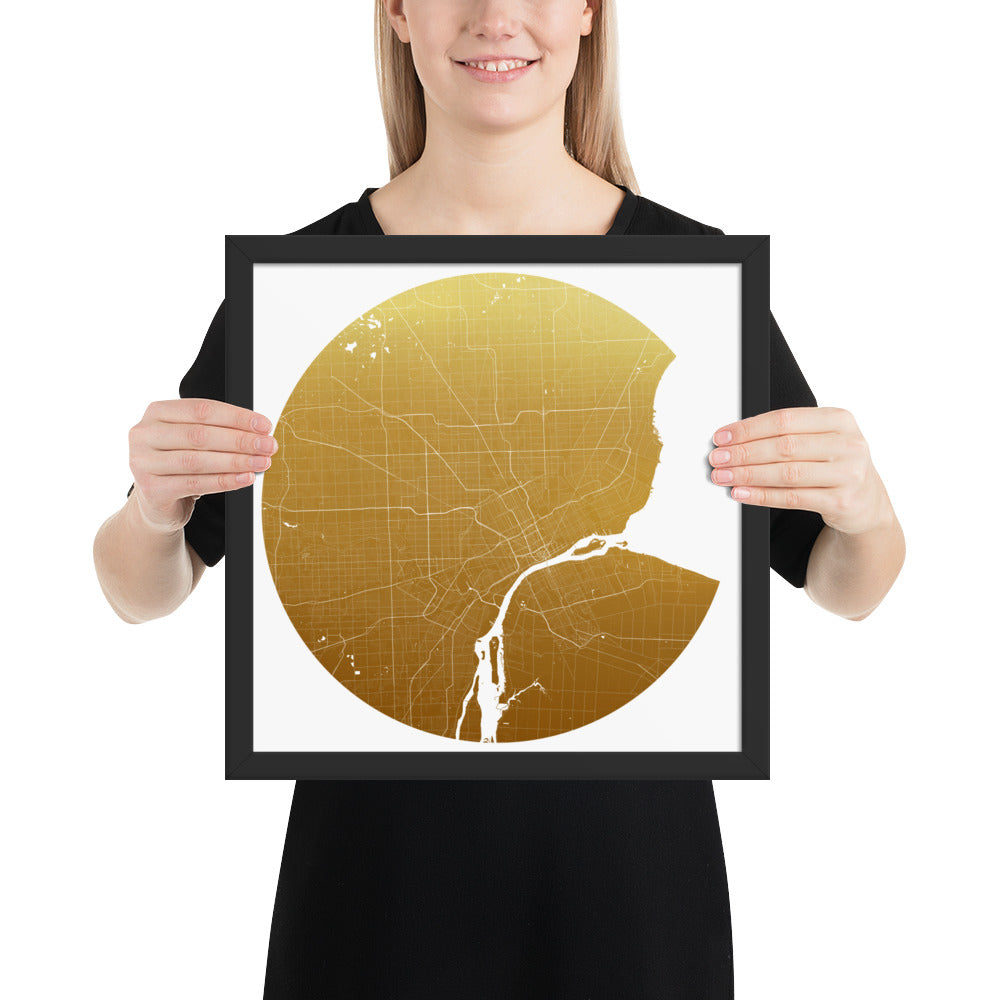 Detroit Gold on White Framed Map