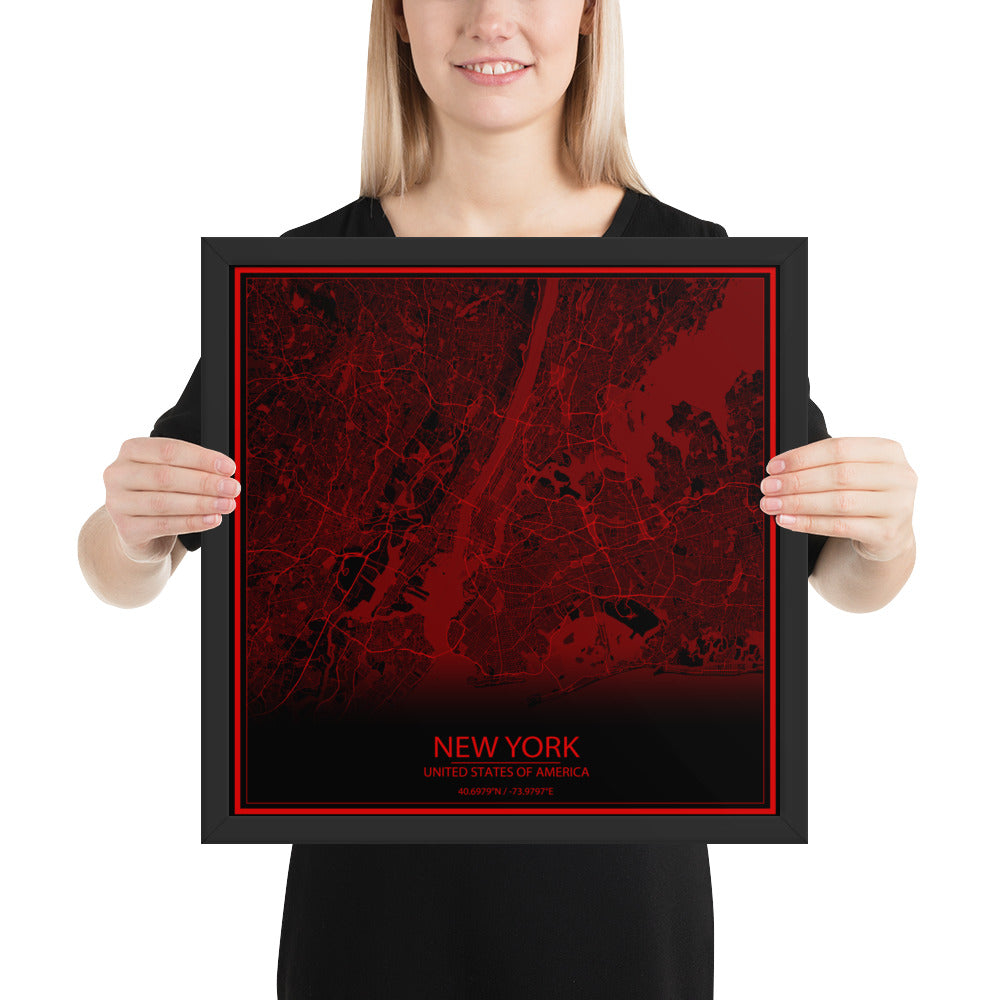 New York Black and Red Framed Map