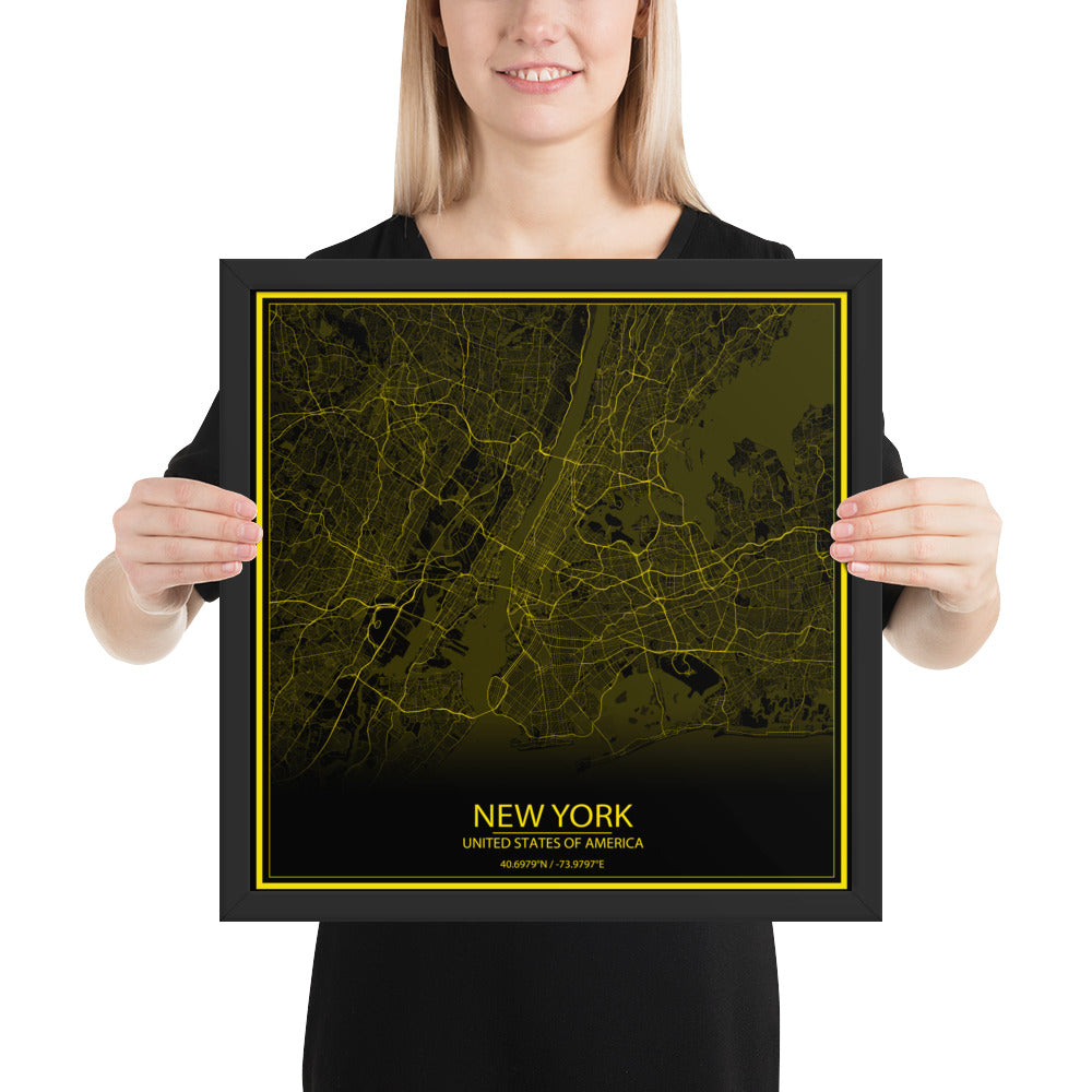 New York Black and Yellow Framed Map