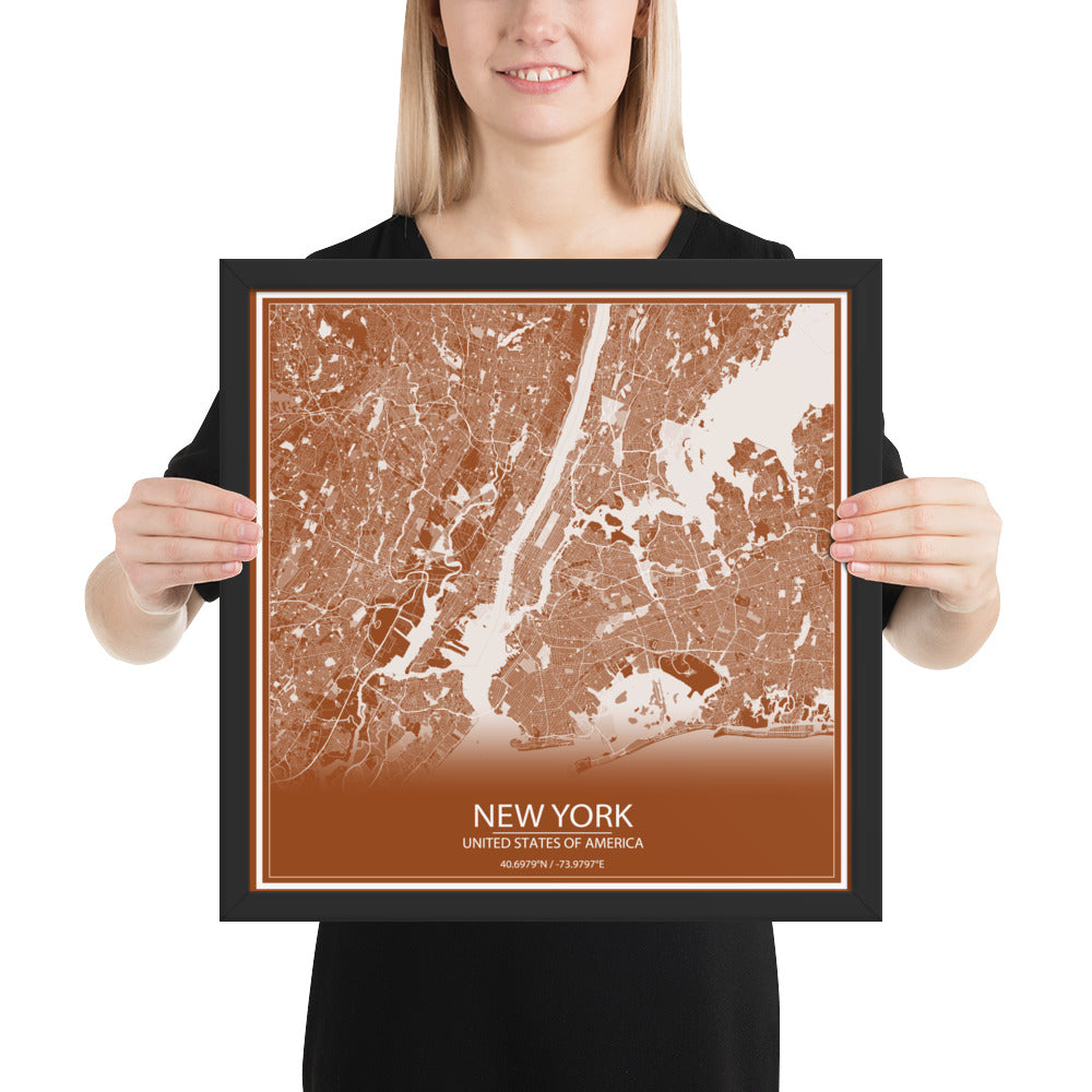 New York Brown and White Framed Map