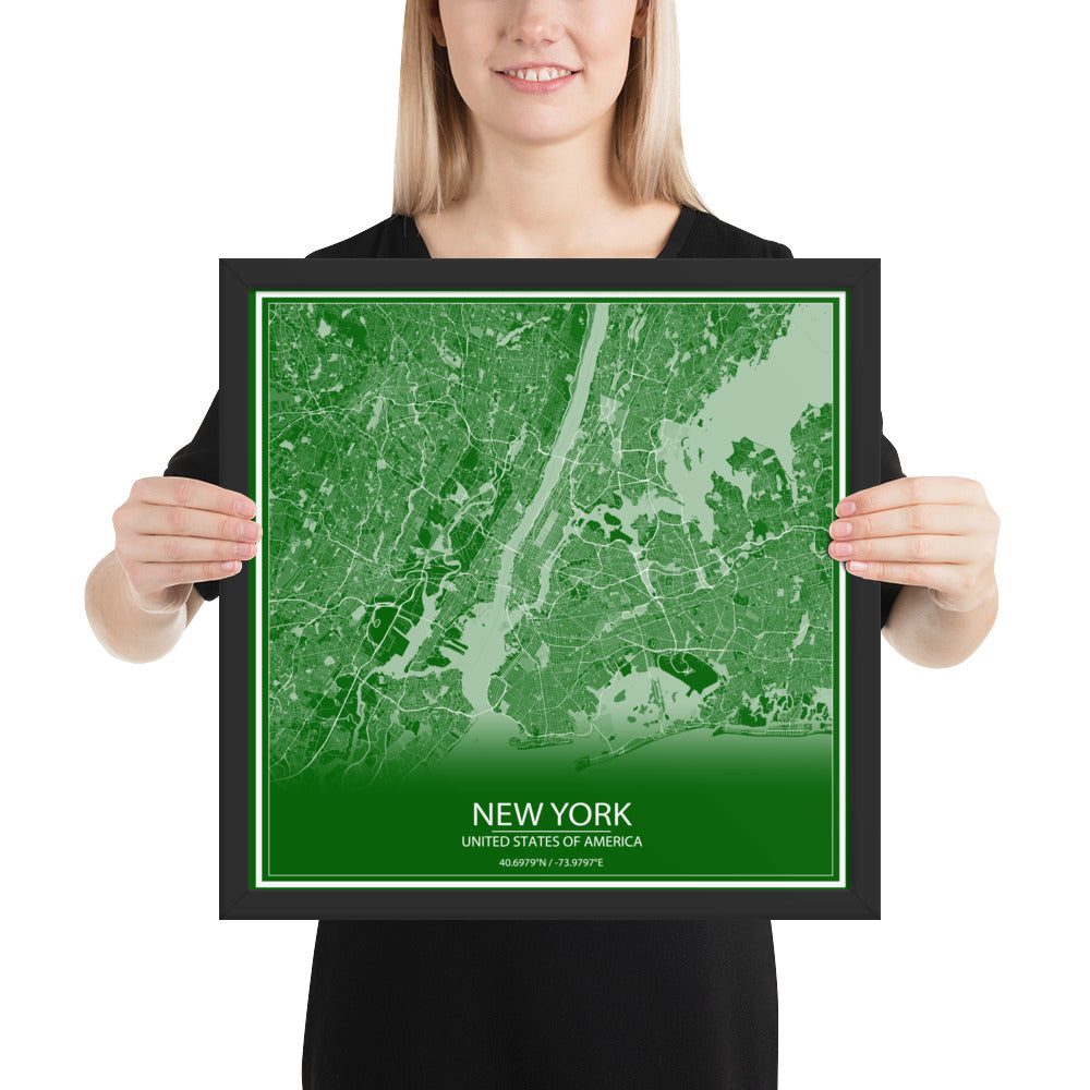 New York Green and White Framed Map