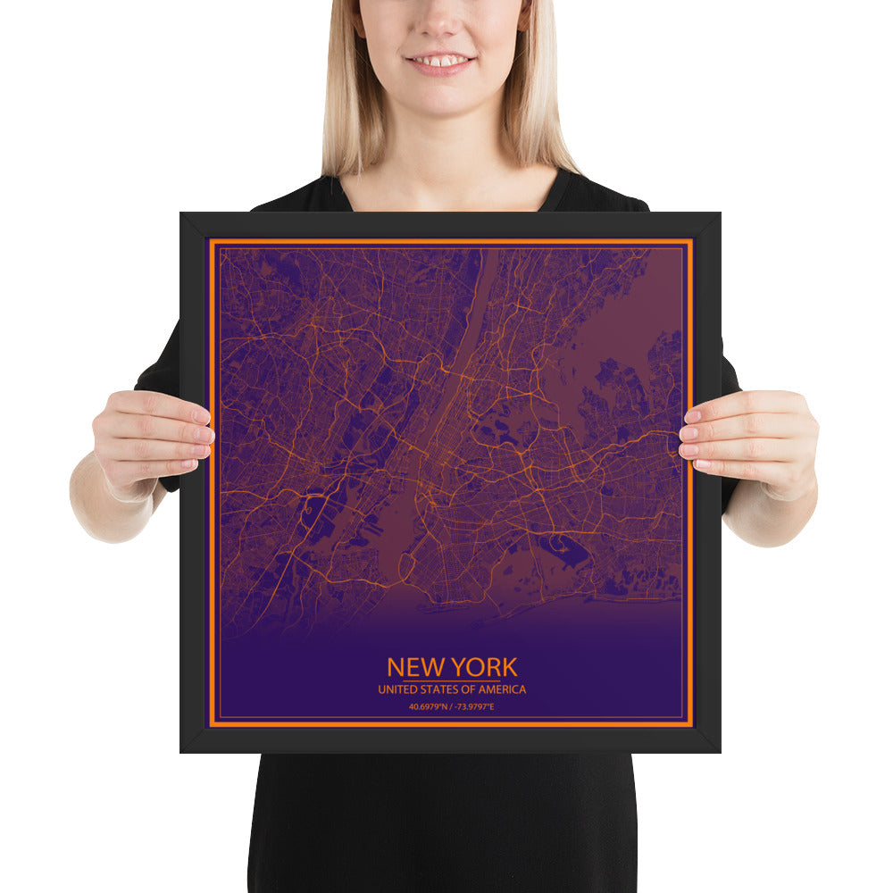 New York Purple and Orange Framed Map