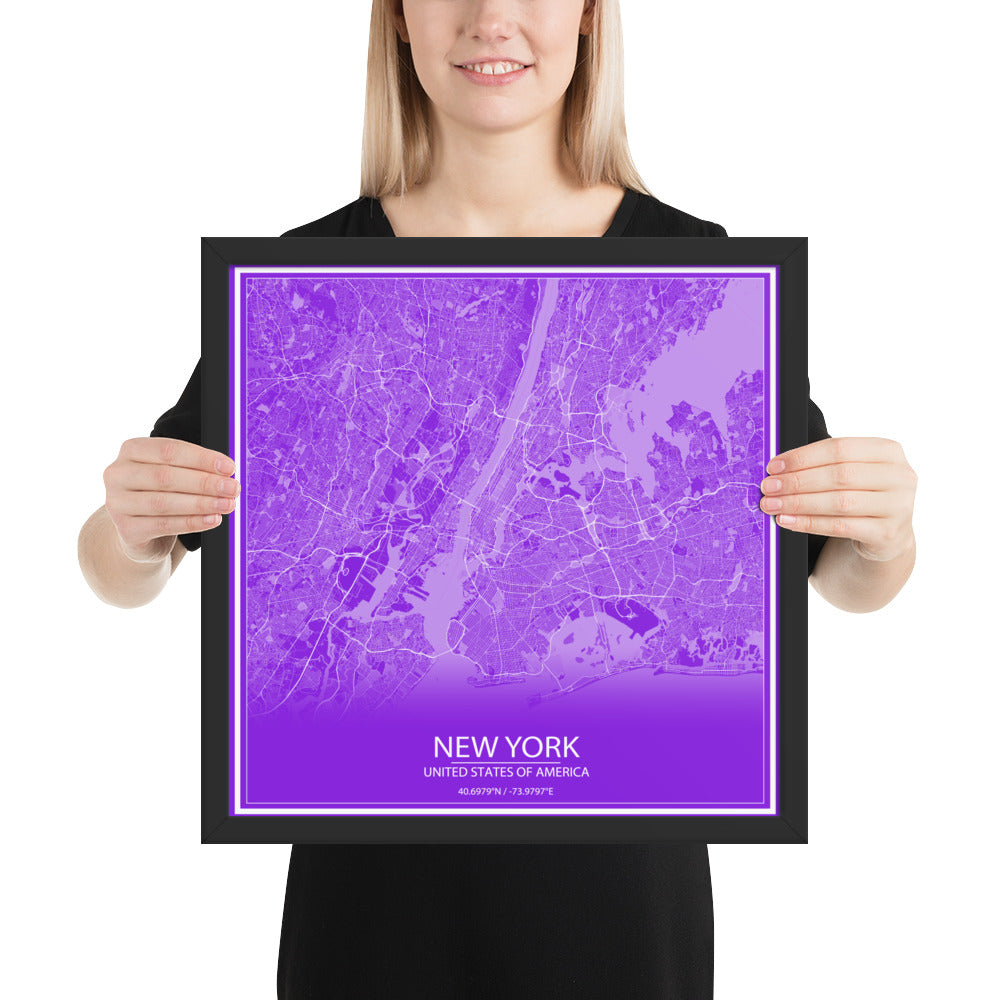 New York Purple and White Framed Map