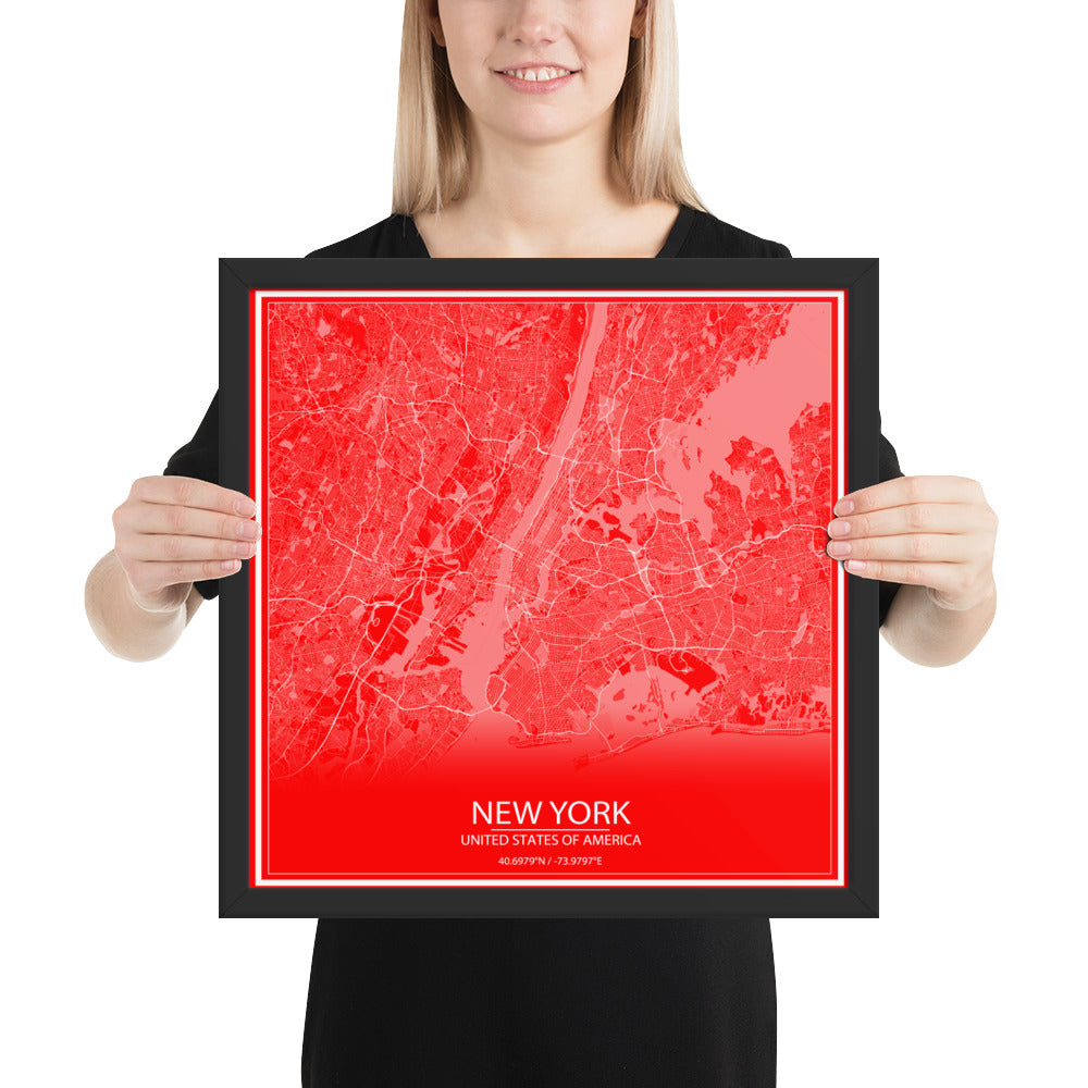 New York Red and White Framed Map