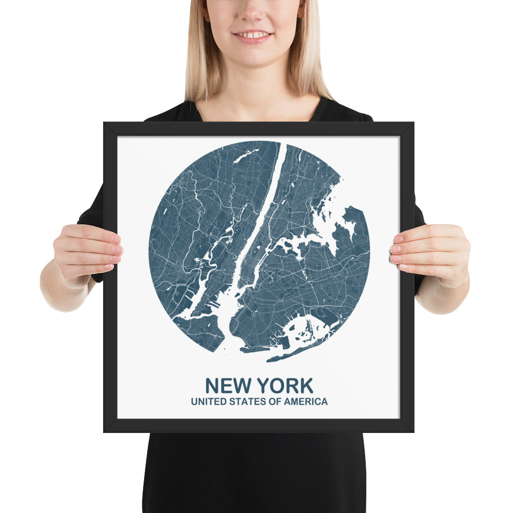 New York Circular Blue Framed Map