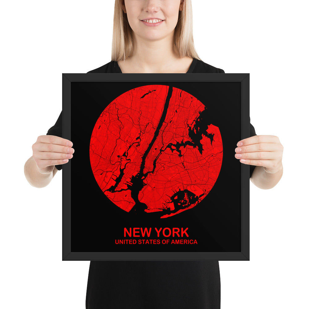 New York Circular Red Framed Map