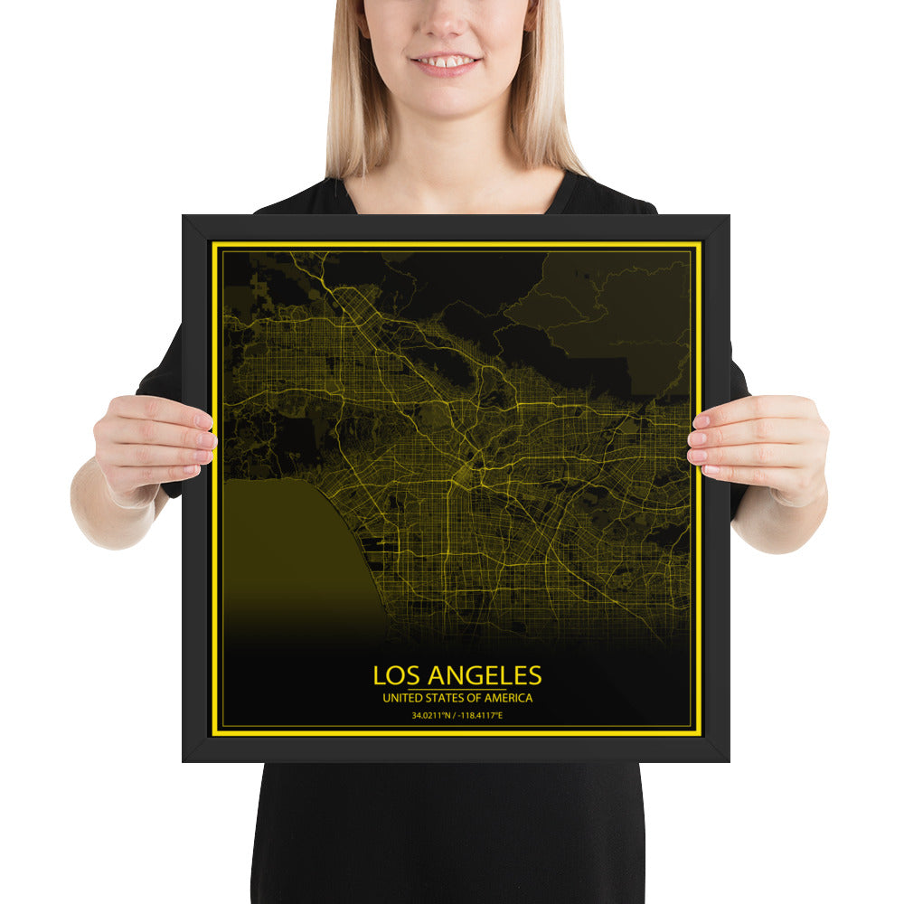 Los Angeles Black and Yellow Framed Map