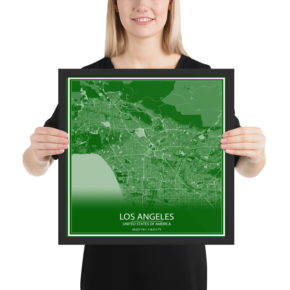 Los Angeles Green and White Framed Map