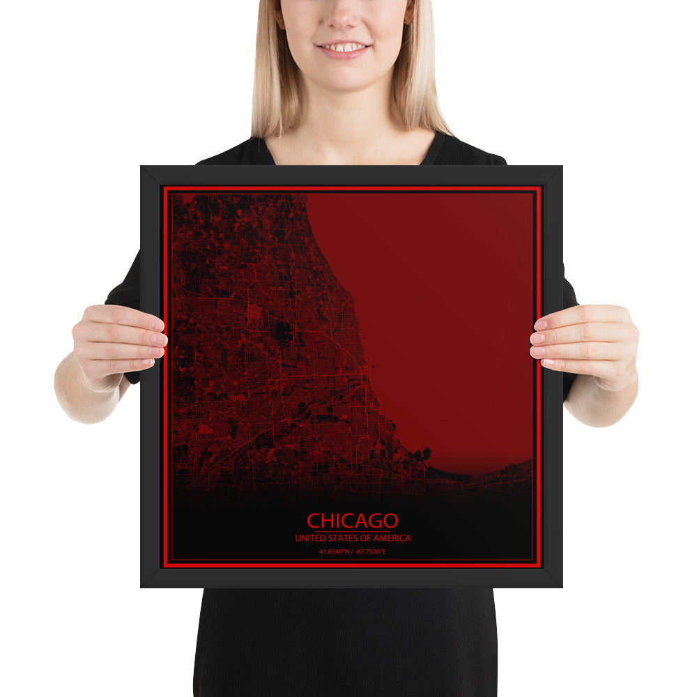 Chicago Black and Red Framed Map