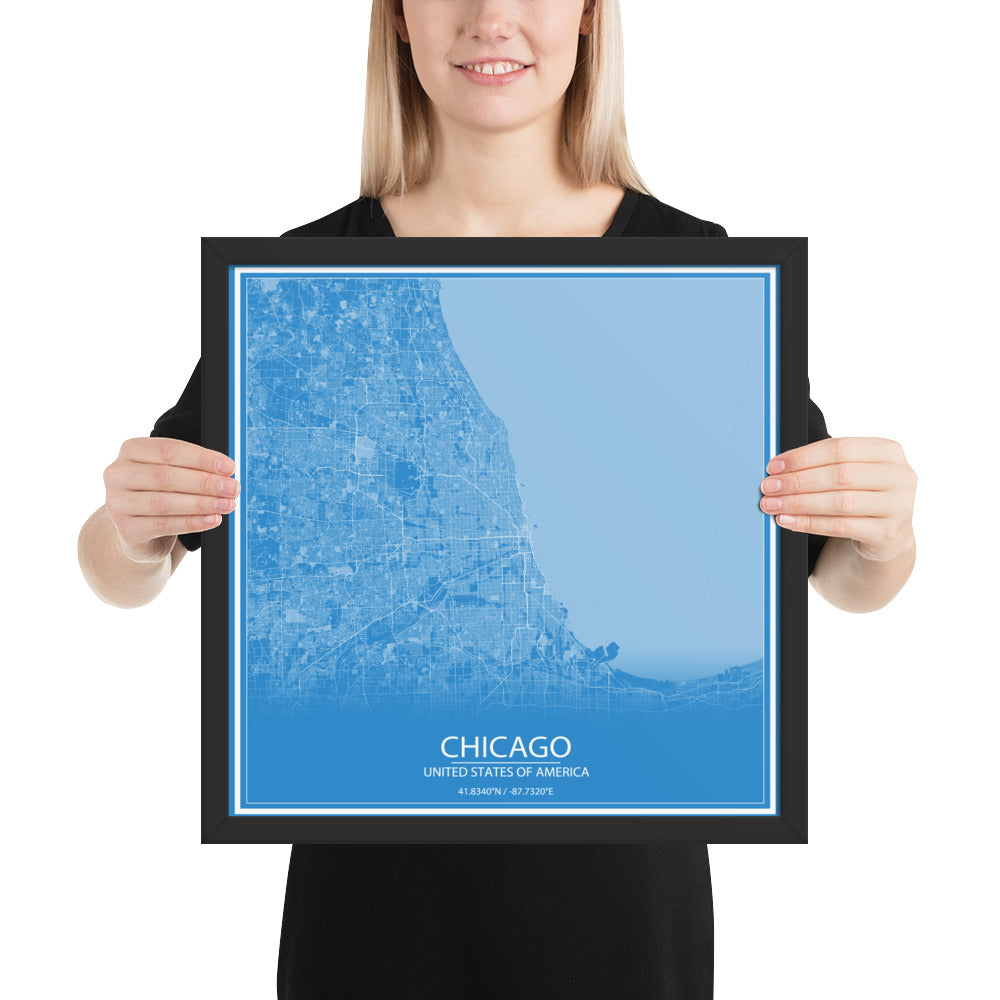 Chicago Blue and White Framed Map