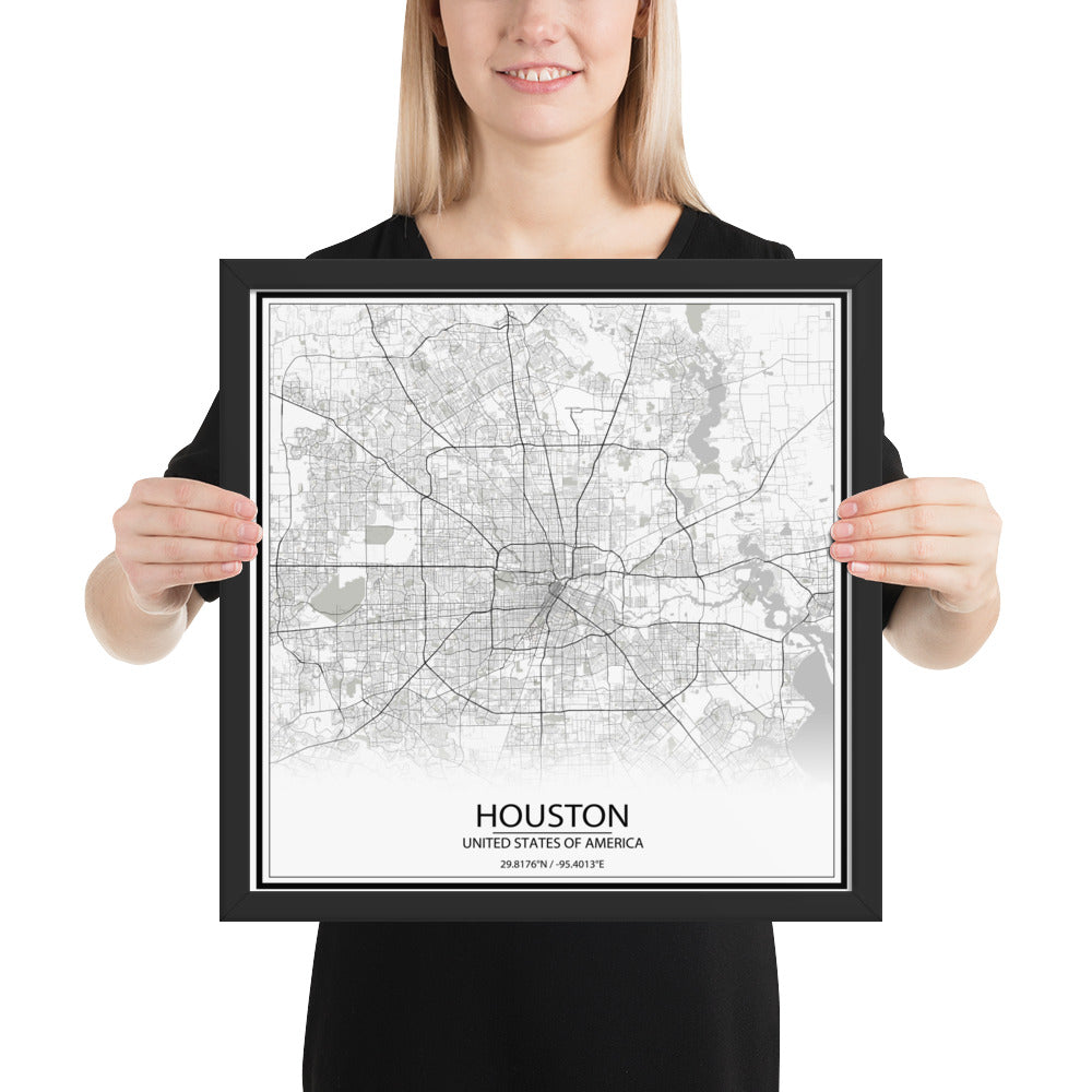 Houston White Framed Map