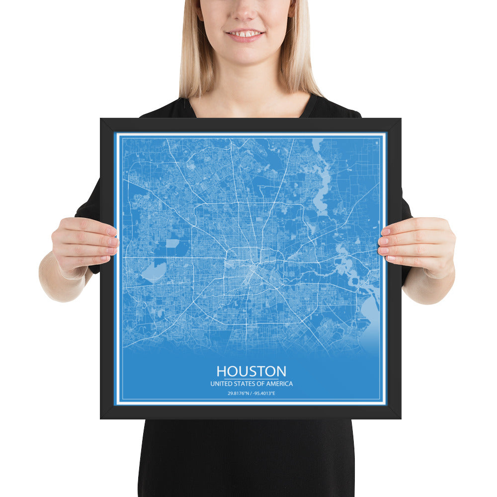 Houston Blue and White Framed Map