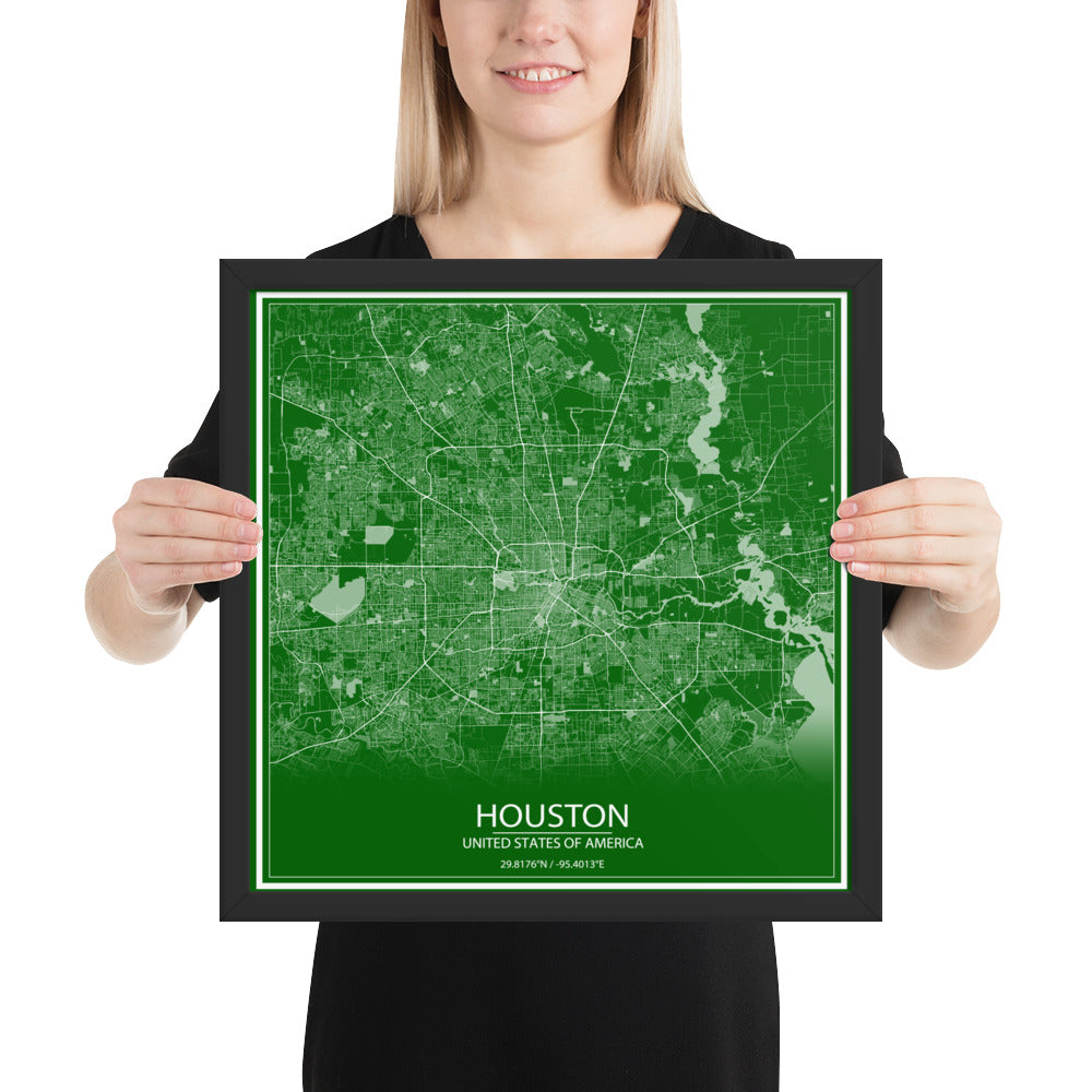 Houston Green and White Framed Map