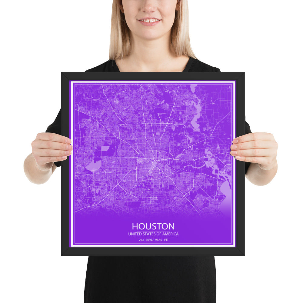 Houston Purple and White Framed Map