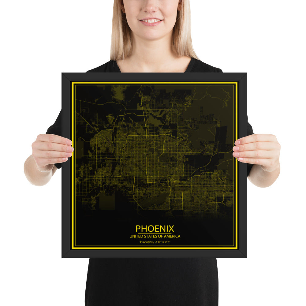 Phoenix Black and Yellow Framed Map