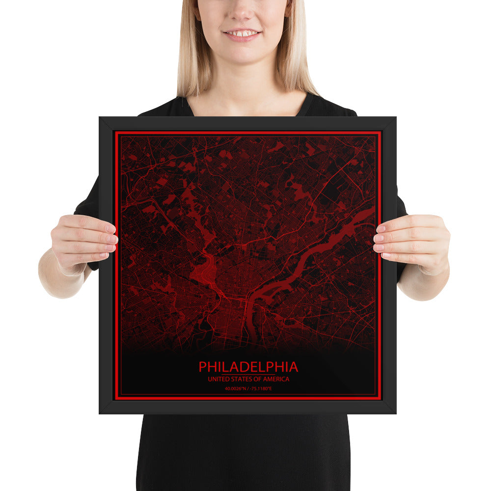 Philadelphia Black and Red Framed Map