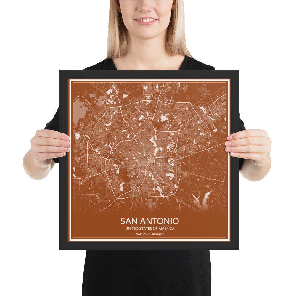 San Antonio Brown and White Framed Map