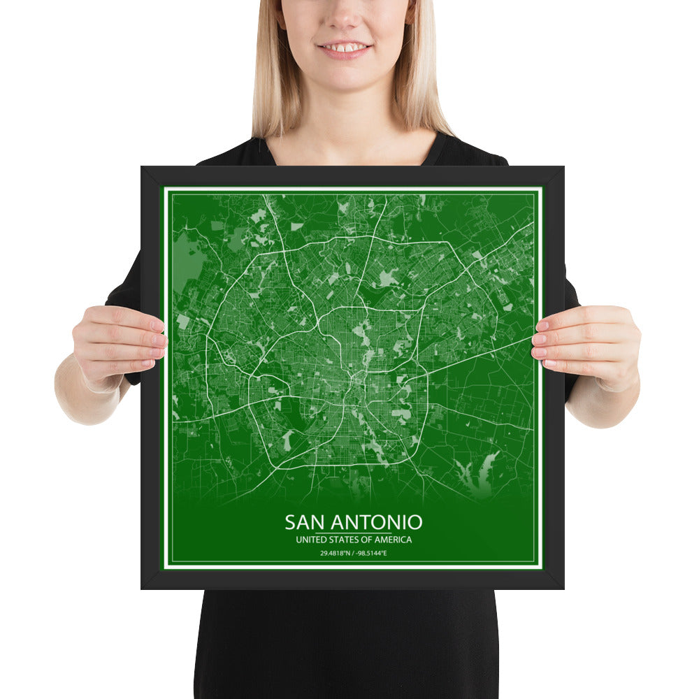 San Antonio Green and White Framed Map