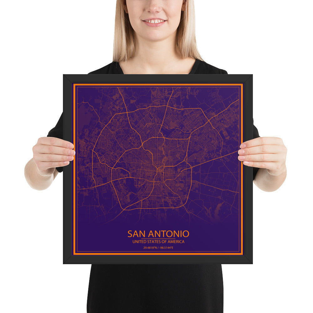 San Antonio Purple and Orange Framed Map