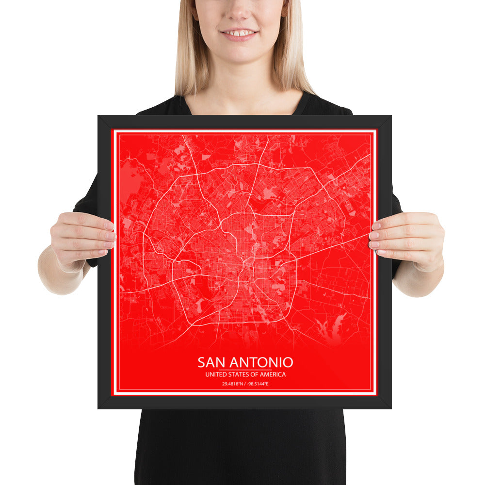 San Antonio Red and White Framed Map