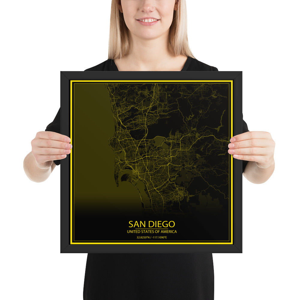 San Diego Black and Yellow Framed Map