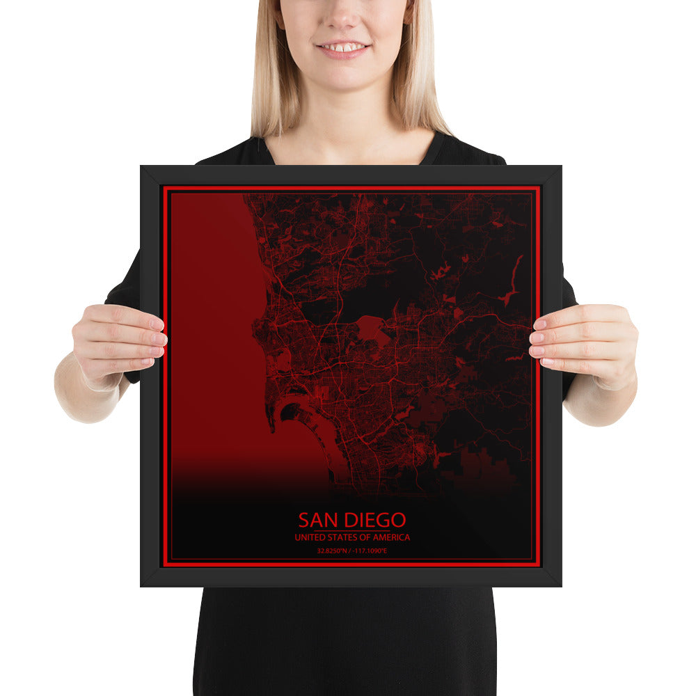 San Diego Black and Red Framed Map