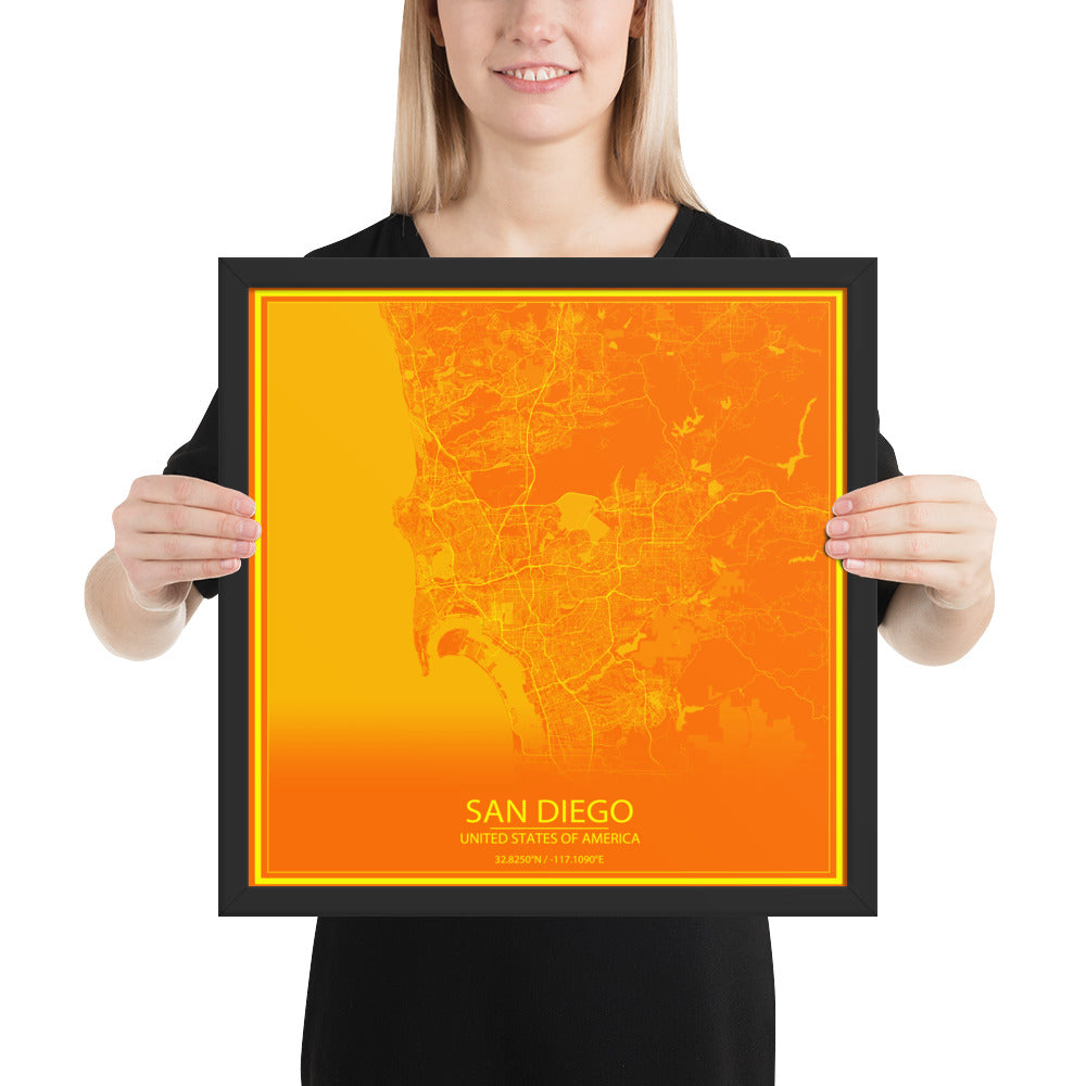 San Diego Orange and Yellow Framed Map