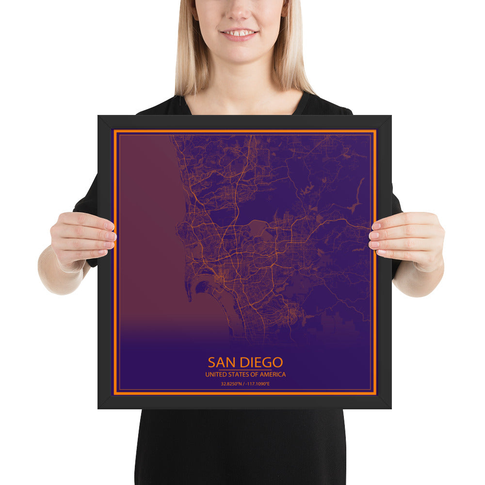 San Diego Purple and Orange Framed Map