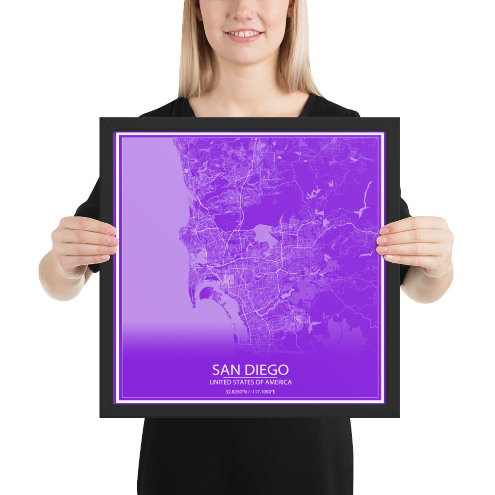 San Diego Purple and White Framed Map