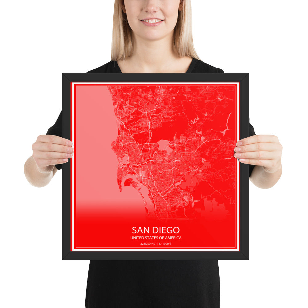 San Diego Red and White Framed Map