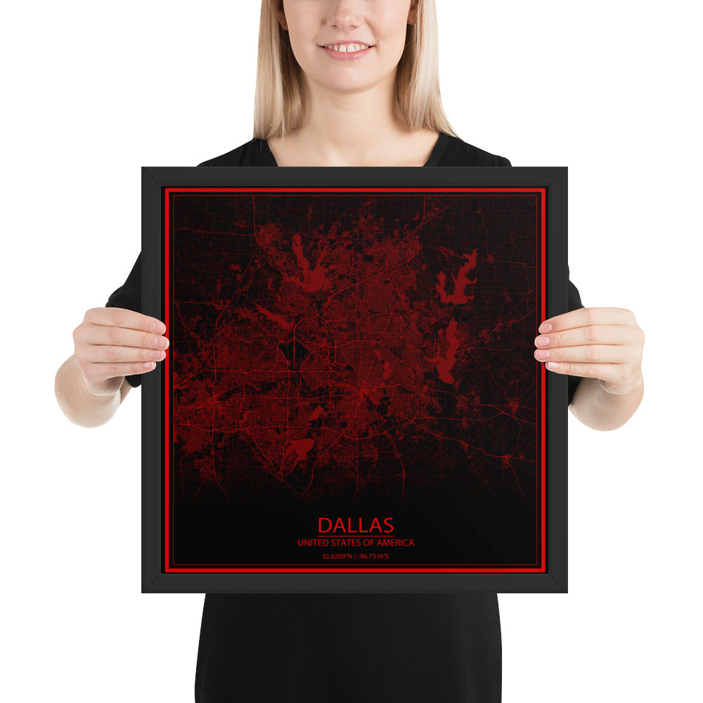 Dallas Black and Red Framed Map