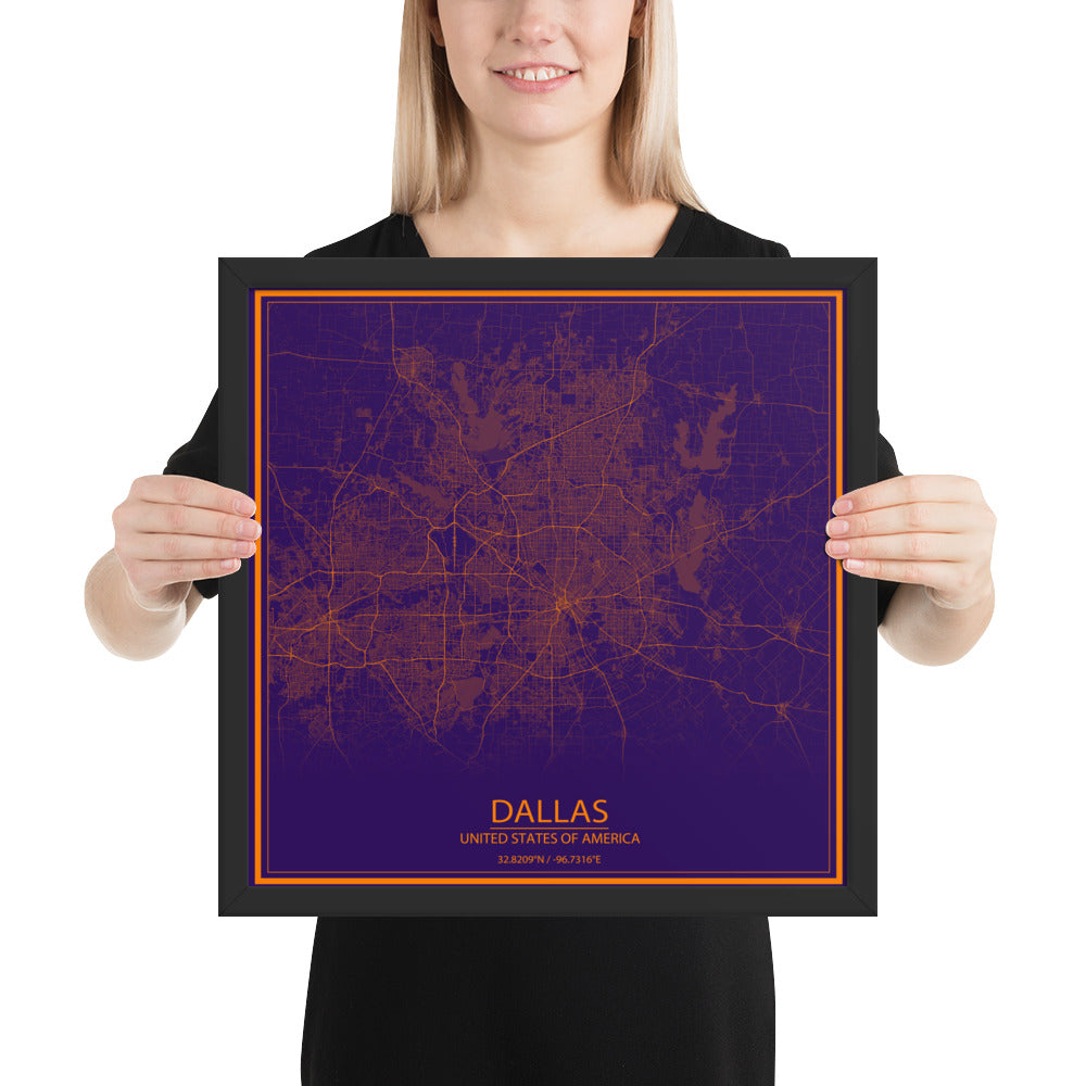 Dallas Purple and Orange Framed Map