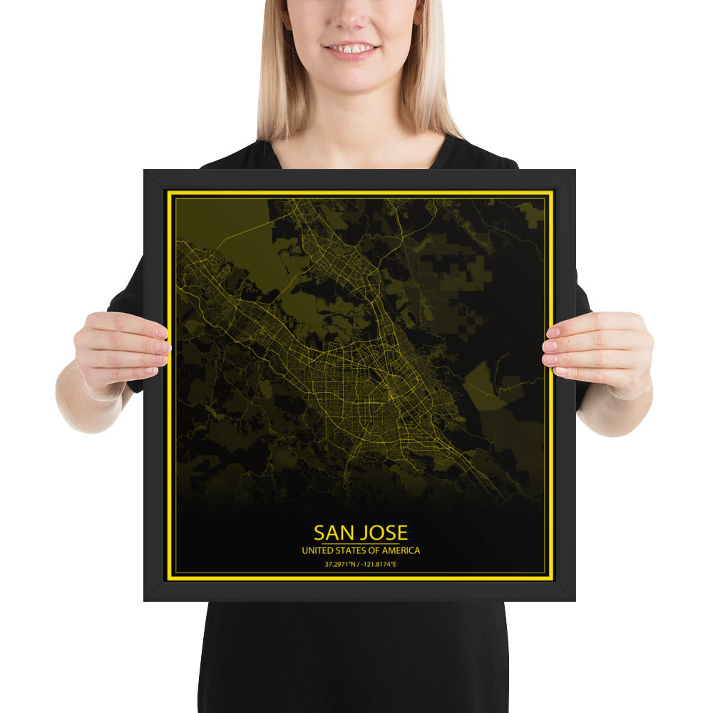 San Jose Black and Yellow Framed Map