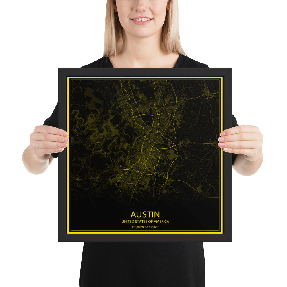 Austin Black and Yellow Framed Map