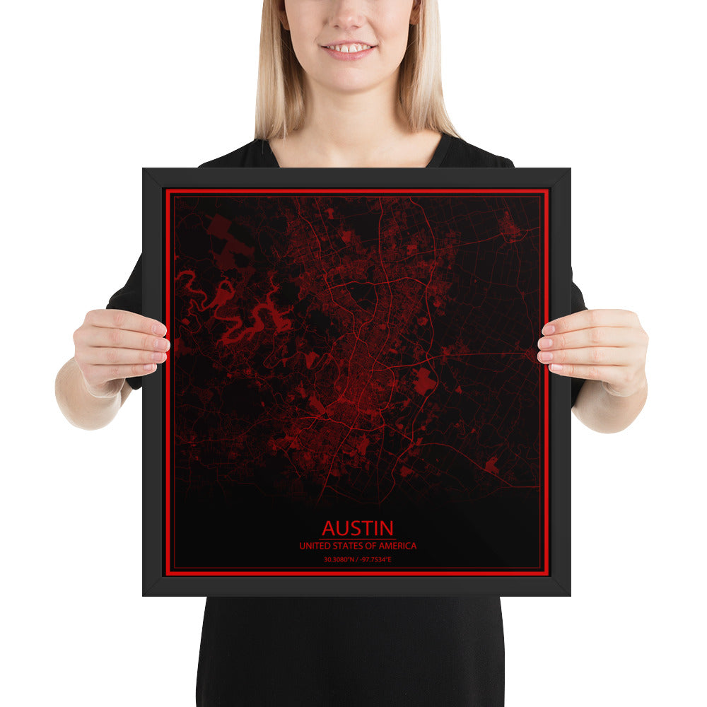 Austin Black and Red Framed Map