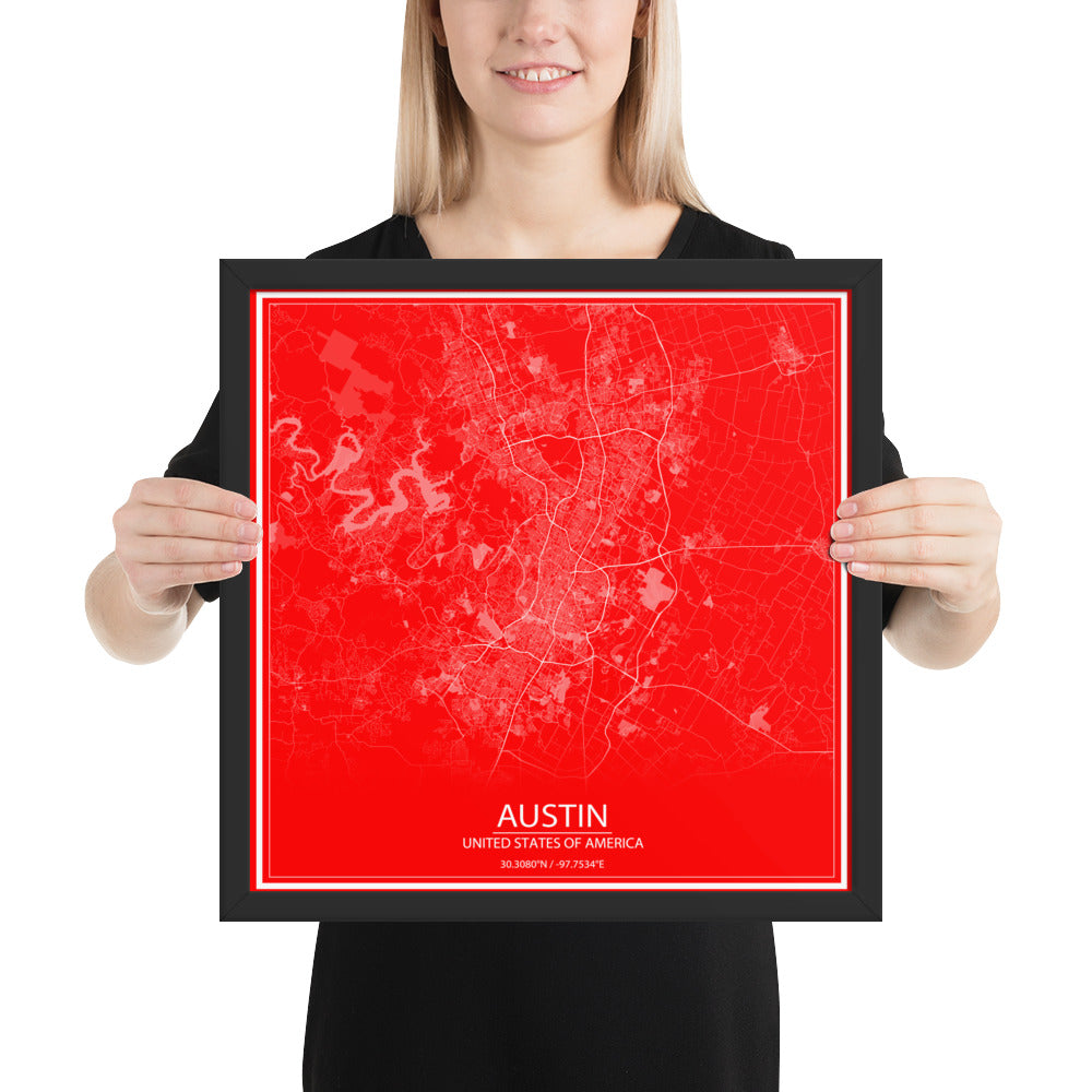 Austin Red and White Framed Map