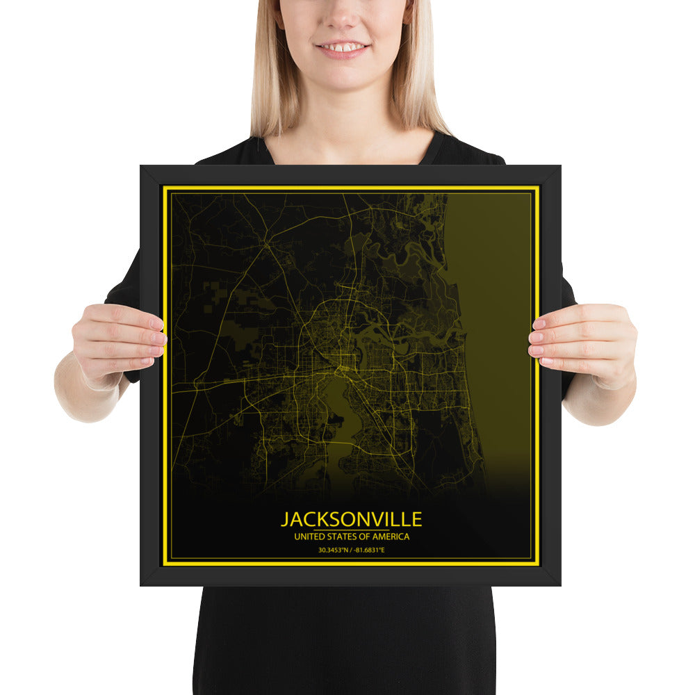 Jacksonville Black and Yellow Framed Map