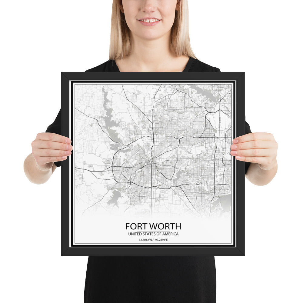 Fort Worth White Framed Map