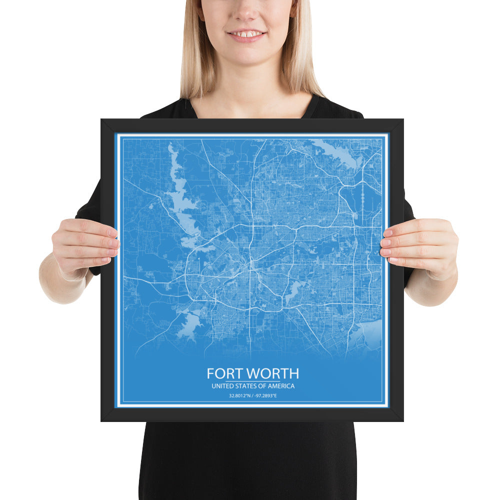 Fort Worth Blue and White Framed Map