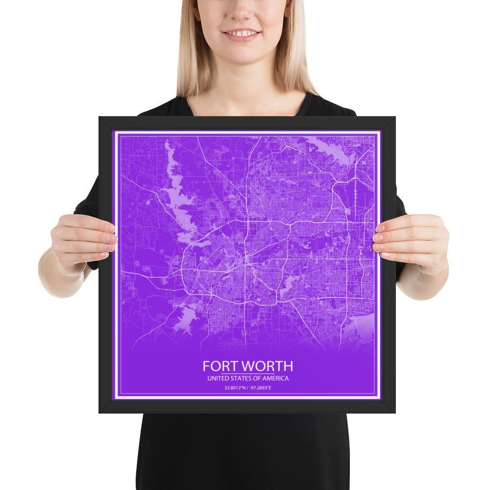 Fort Worth Purple and White Framed Map