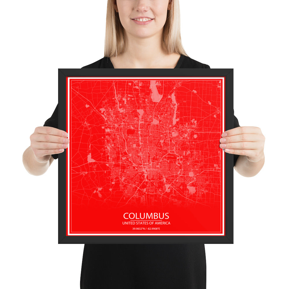 Columbus Red and White Framed Map