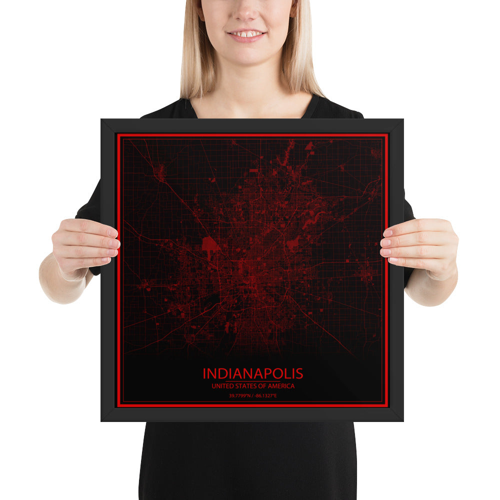 Indianapolis Black and Red Framed Map