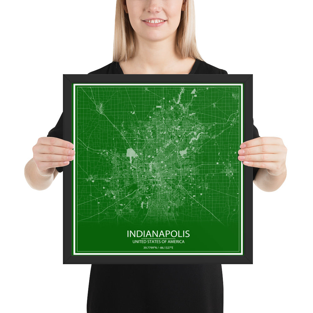 Indianapolis Green and White Framed Map