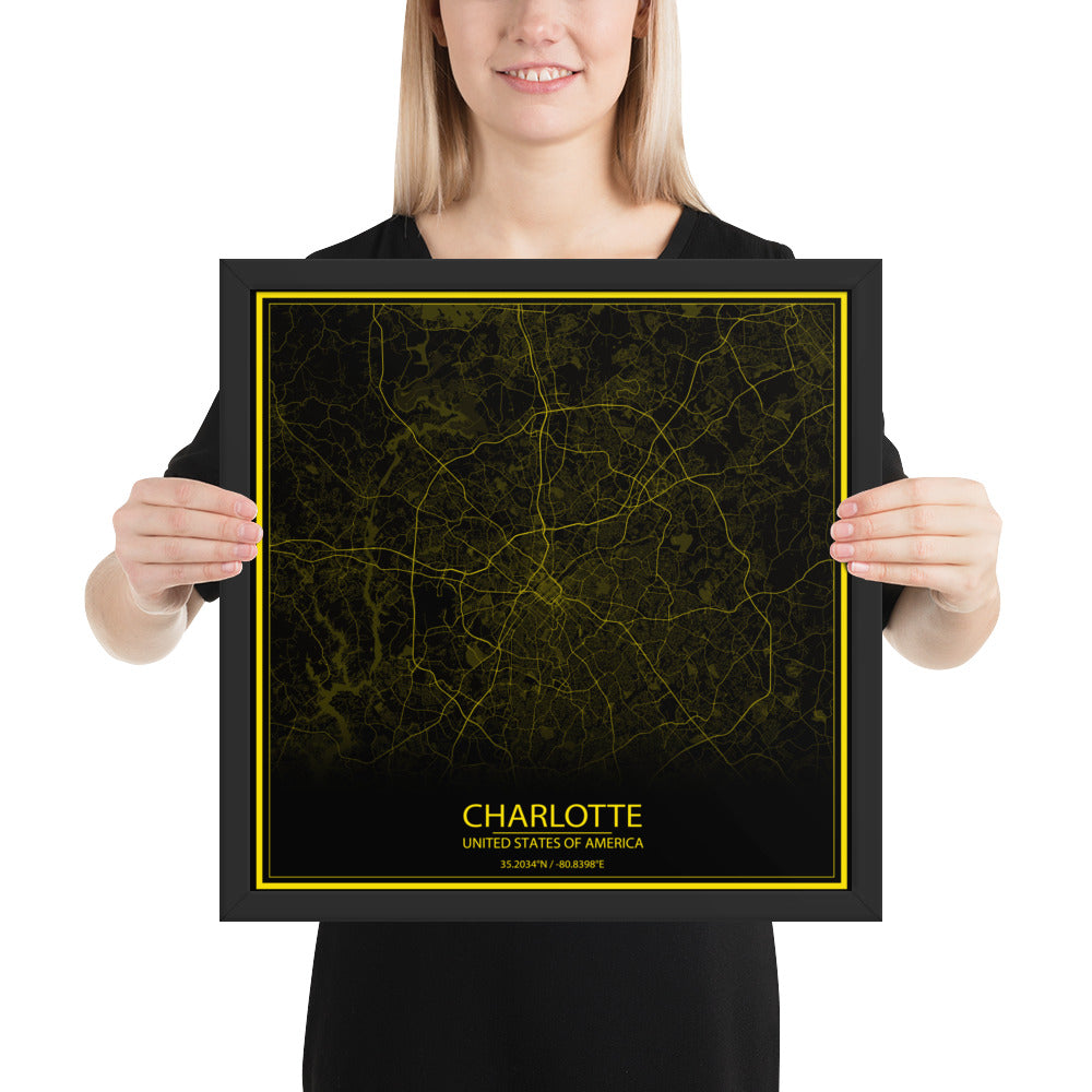 Charlotte Black and Yellow Framed Map