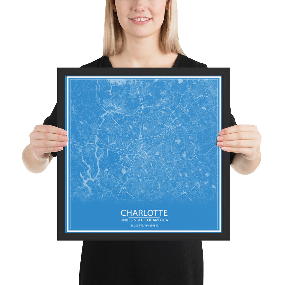 Charlotte Blue and White Framed Map