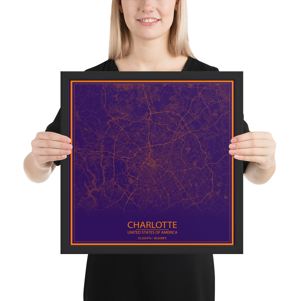 Charlotte Purple and Orange Framed Map